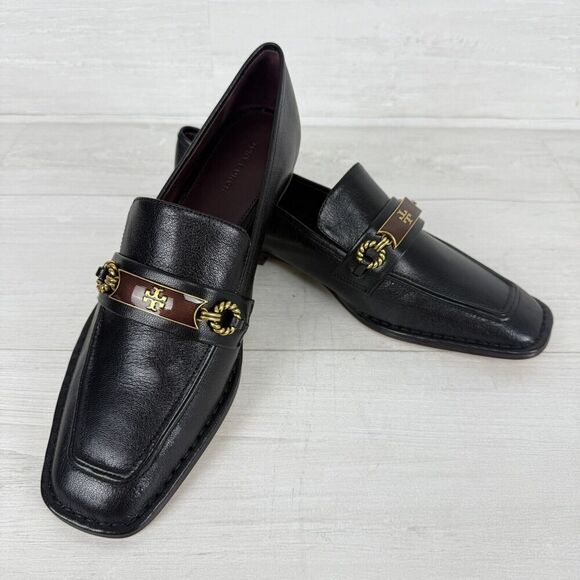 Tory Burch Size 8.5 Perrine Loafer Shoes Square Toe Logo Leather Perfect Black - Picture 13 of 16